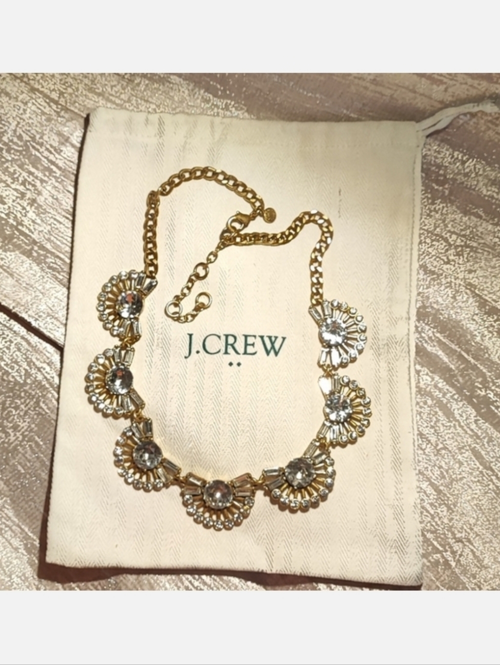 J. Crew Fan Baguette Crystal Clear Rhinestone Brass Tone Statement Necklace EUC